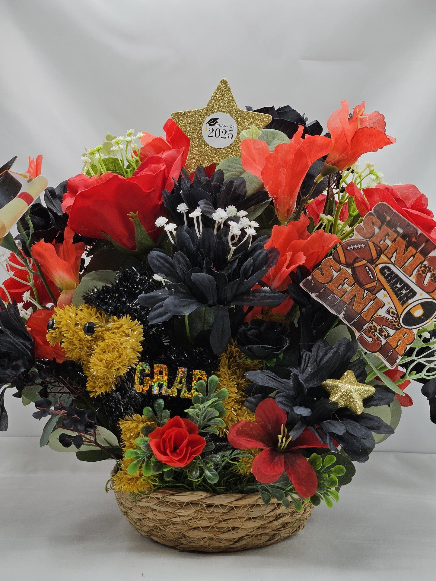 Class of 2025 Graduation Centerpiece - Red & Black Rose/Dahlia Bouquet with Graduate Dog Figurine for Celebration Decor