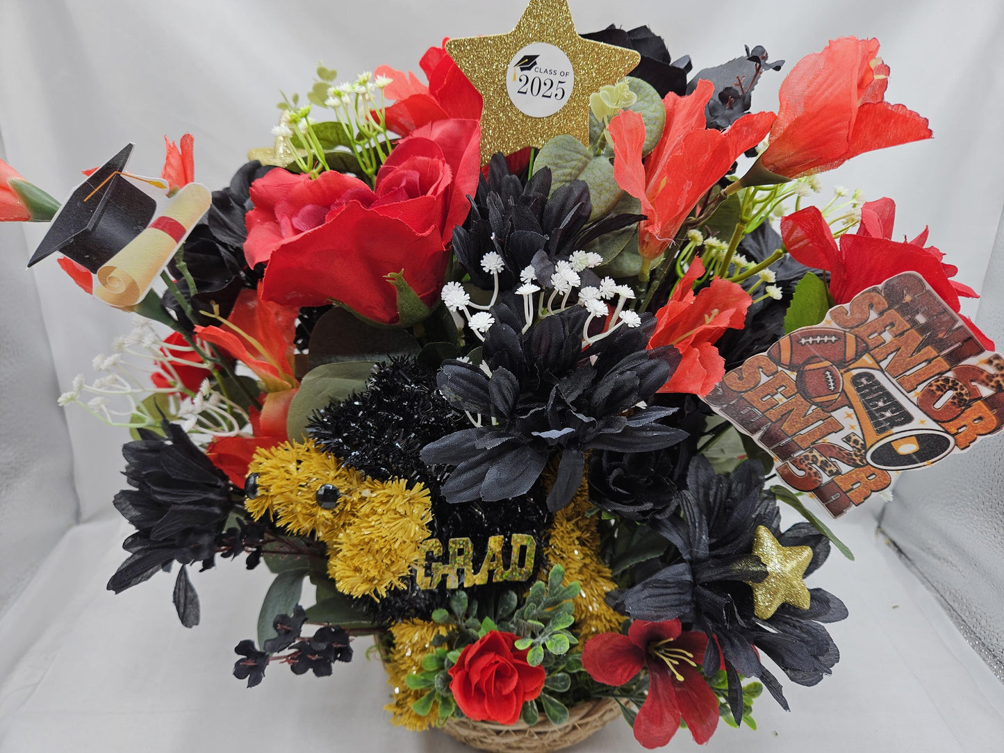 Class of 2025 Graduation Centerpiece - Red & Black Rose/Dahlia Bouquet with Graduate Dog Figurine for Celebration Decor
