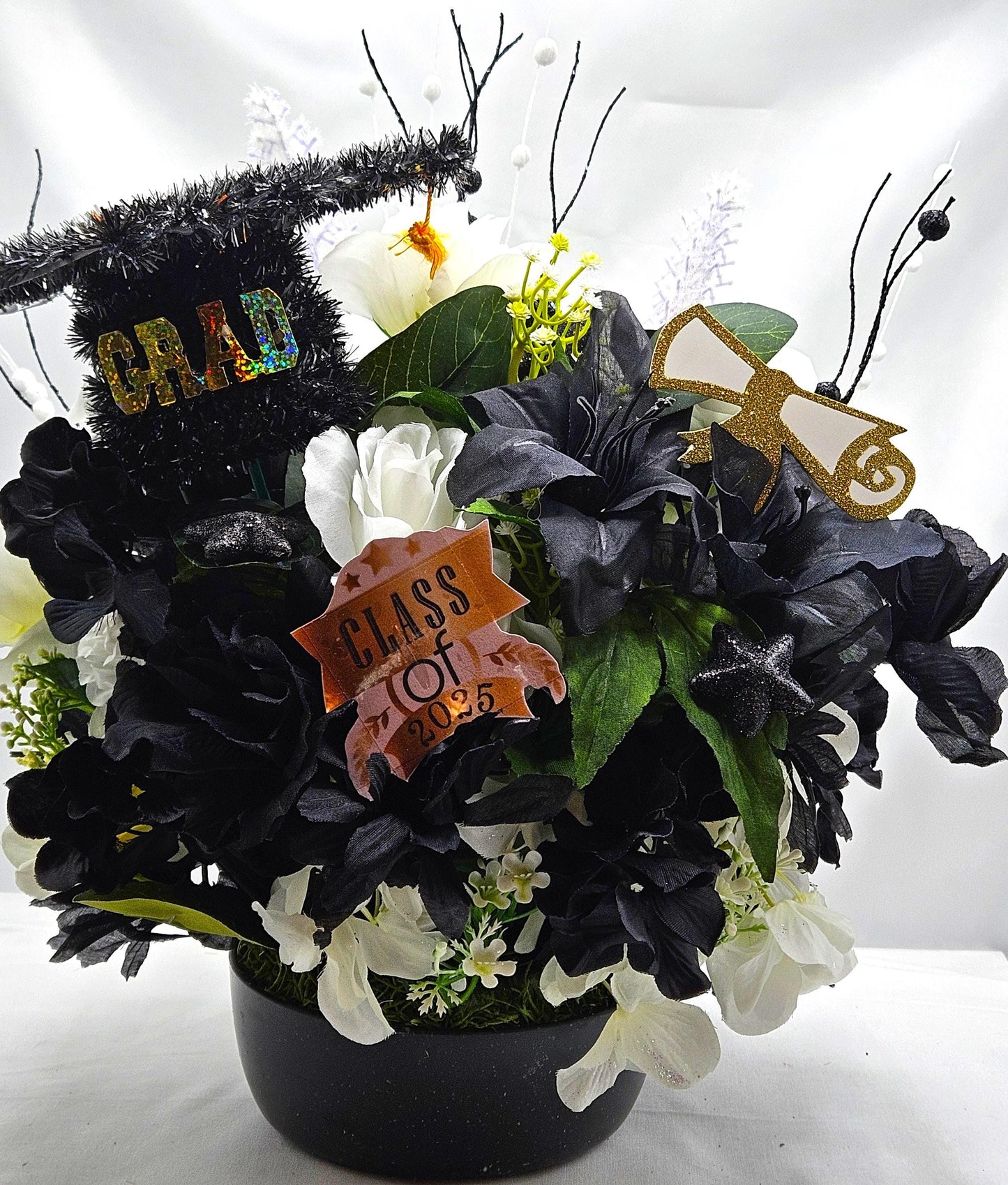 Congratulations Graduate 2025 - Stylish Graduation Cap with Black & White Floral Design, Roses and  Dahlias Centerpiece, Memorable Gift