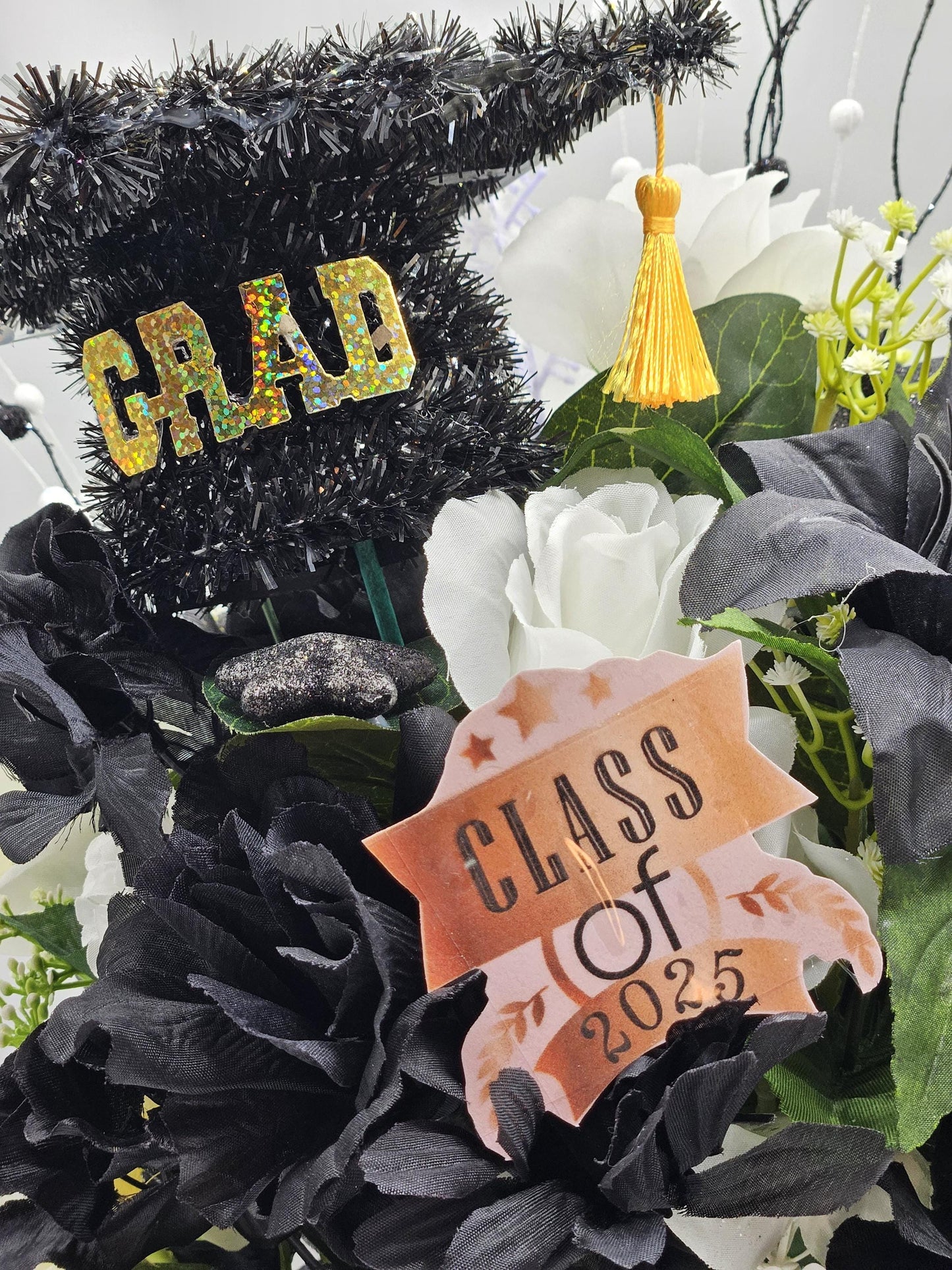 Congratulations Graduate 2025 - Stylish Graduation Cap with Black & White Floral Design, Roses and  Dahlias Centerpiece, Memorable Gift