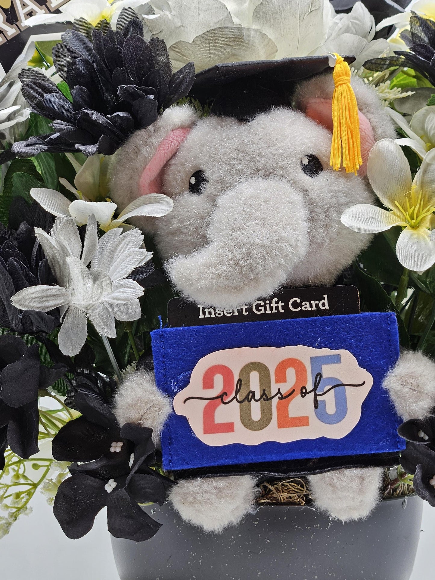 Lucky Elephant Graduation Flower, Gift Card Holder, College/High School graduation, Black/Gray/White Flowers, Unique Graduate Gift