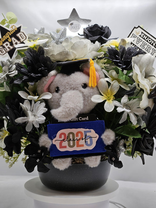 Lucky Elephant Graduation Flower, Gift Card Holder, College/High School graduation, Black/Gray/White Flowers, Unique Graduate Gift