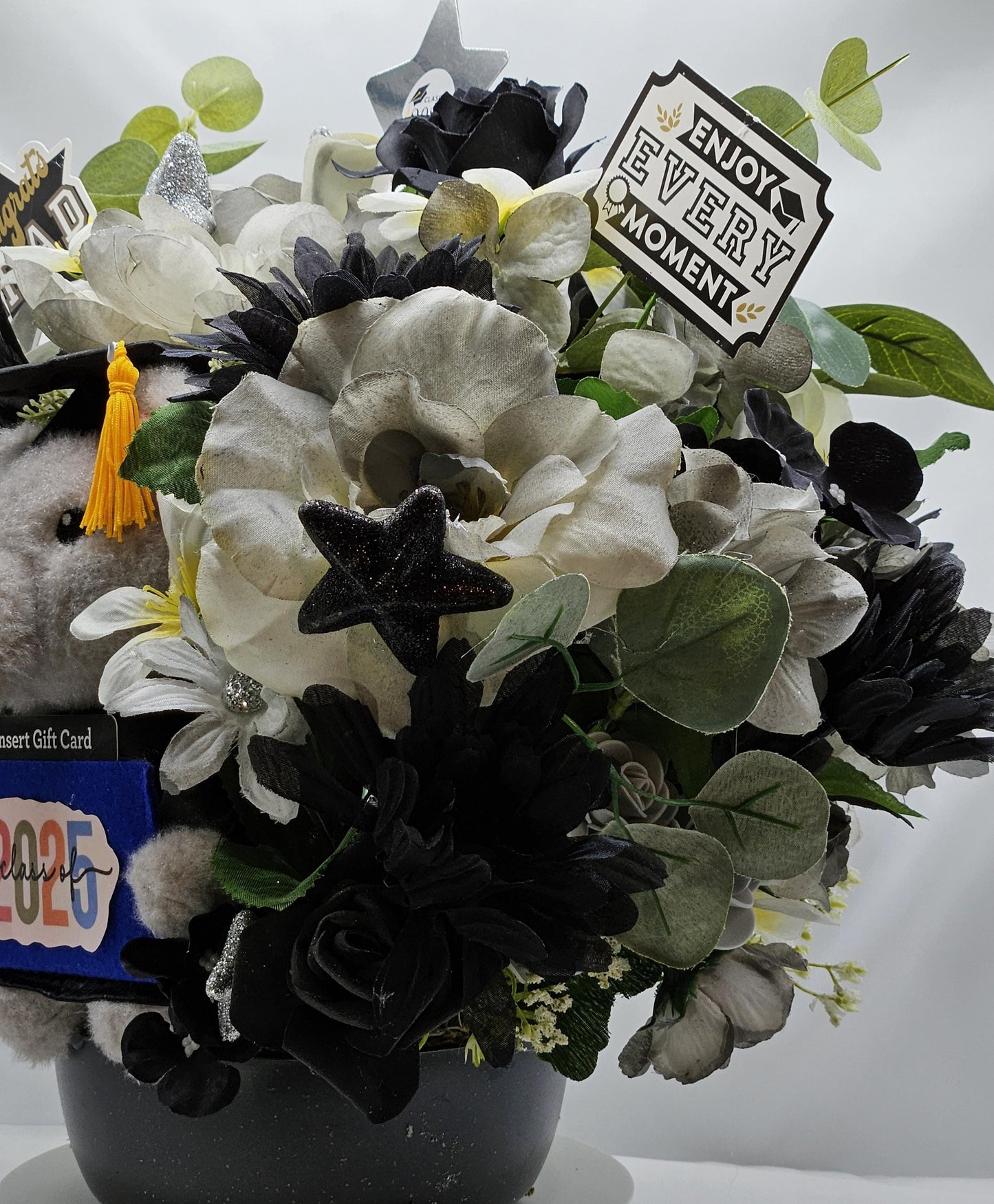 Lucky Elephant Graduation Flower, Gift Card Holder, College/High School graduation, Black/Gray/White Flowers, Unique Graduate Gift