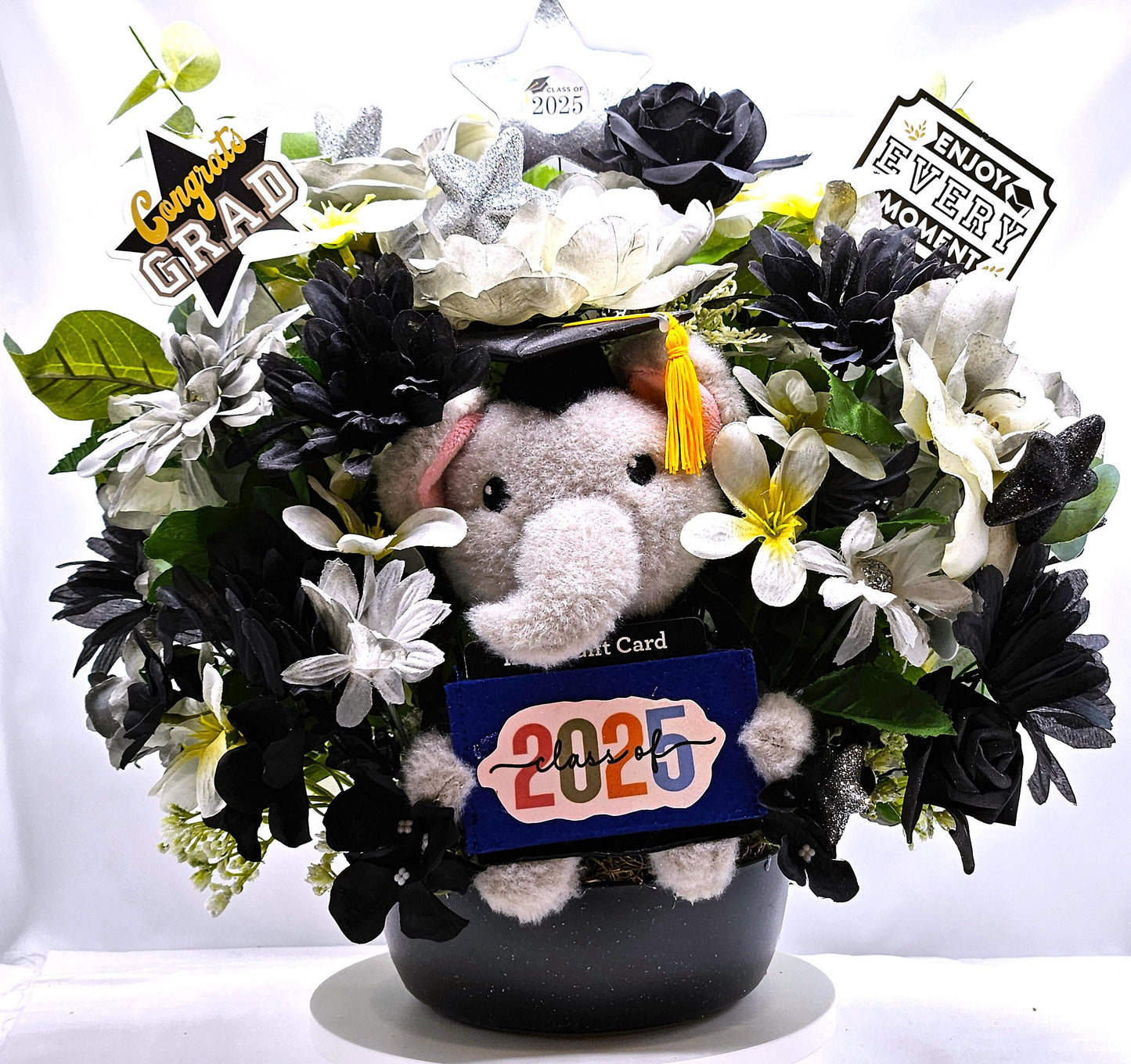 Lucky Elephant Graduation Flower, Gift Card Holder, College/High School graduation, Black/Gray/White Flowers, Unique Graduate Gift