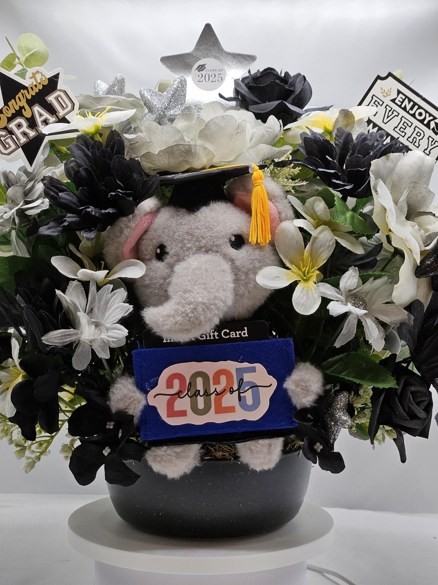 Lucky Elephant Graduation Flower, Gift Card Holder, College/High School graduation, Black/Gray/White Flowers, Unique Graduate Gift
