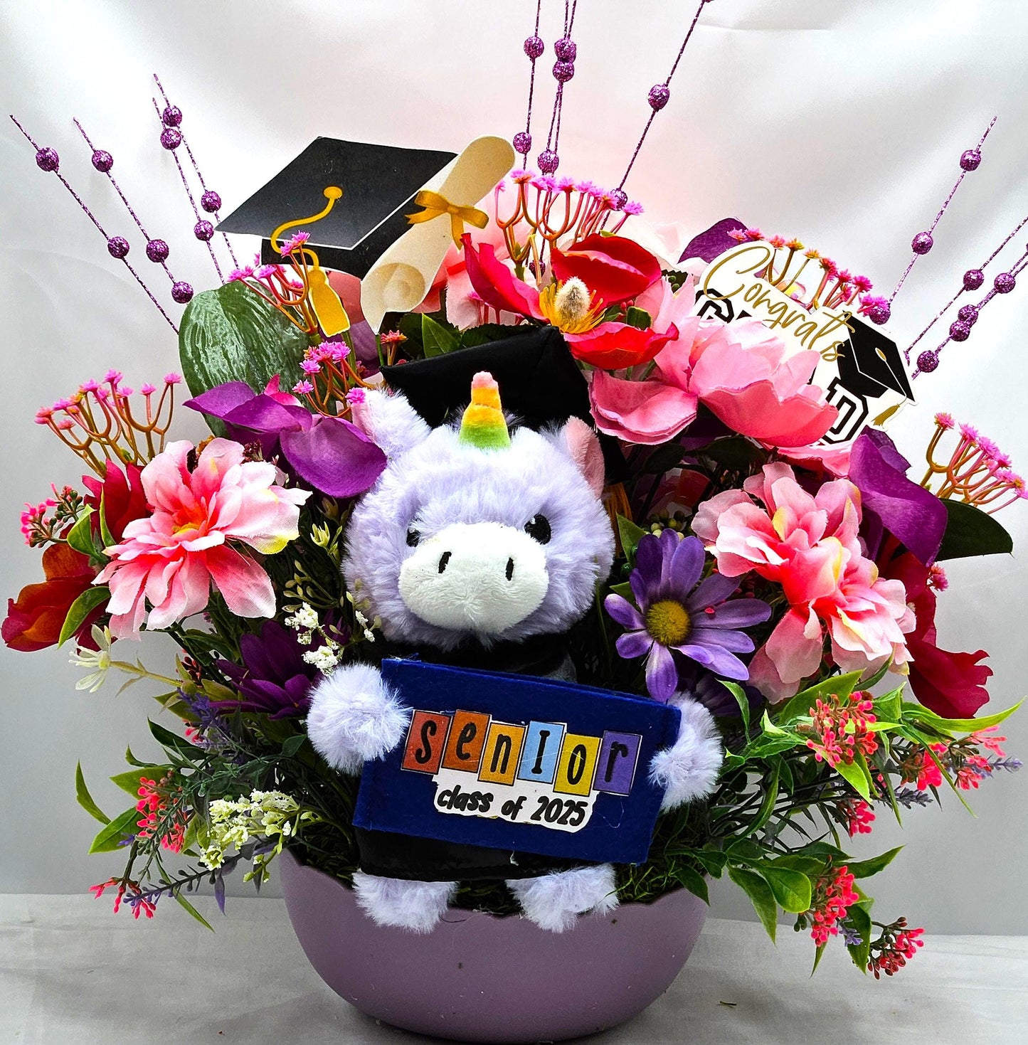 Graduation Flower Arrangement and Gift Card Holder, Unicorn Bear Graduation, Pink/Purple Flowers, Gift for Graduate, Graduation Celebration