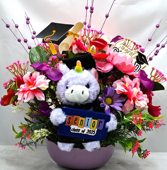 Graduation Flower Arrangement and Gift Card Holder, Unicorn Bear Graduation, Pink/Purple Flowers, Gift for Graduate, Graduation Celebration