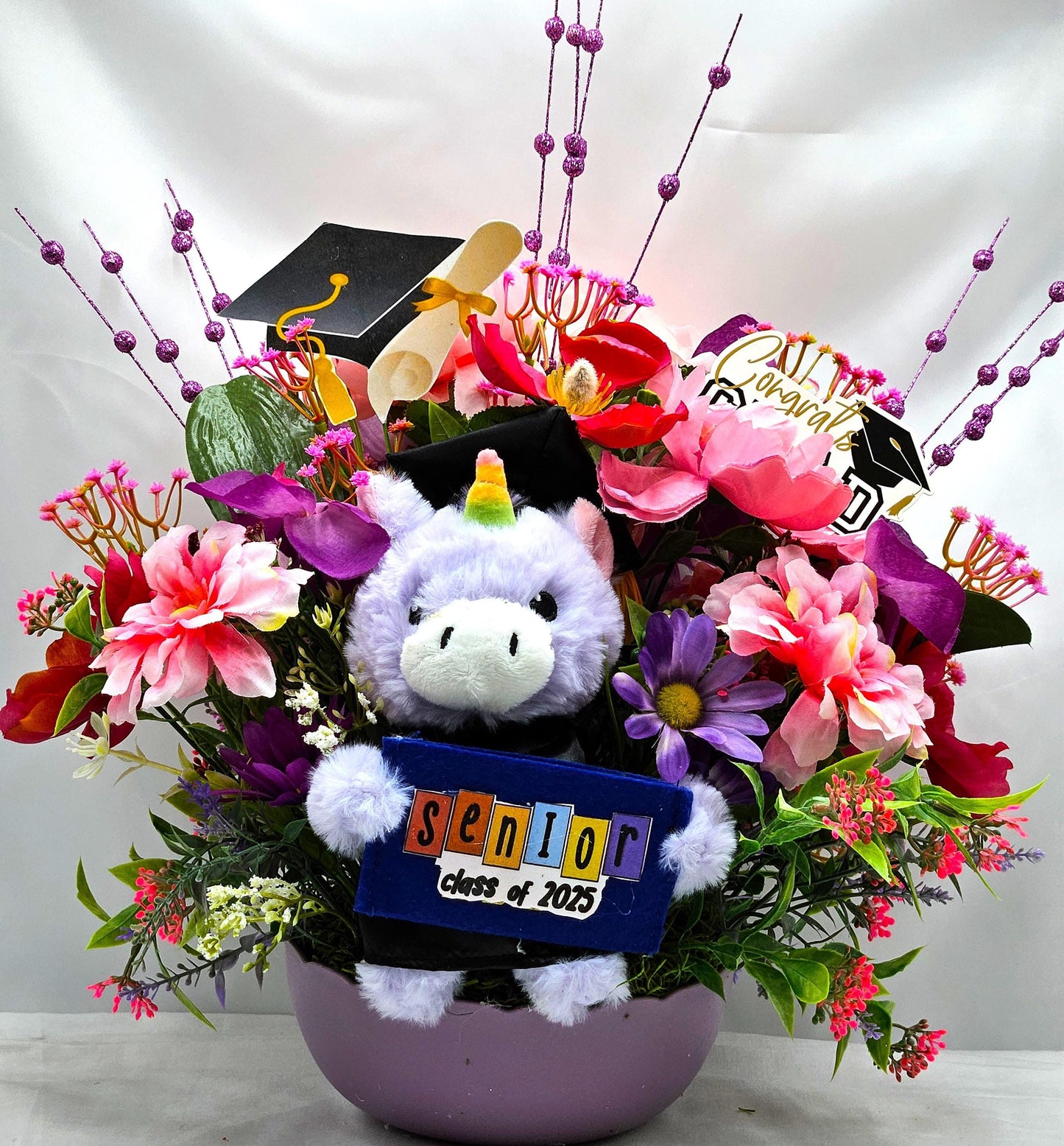 Graduation Flower Arrangement and Gift Card Holder, Unicorn Bear Graduation, Pink/Purple Flowers, Gift for Graduate, Graduation Celebration