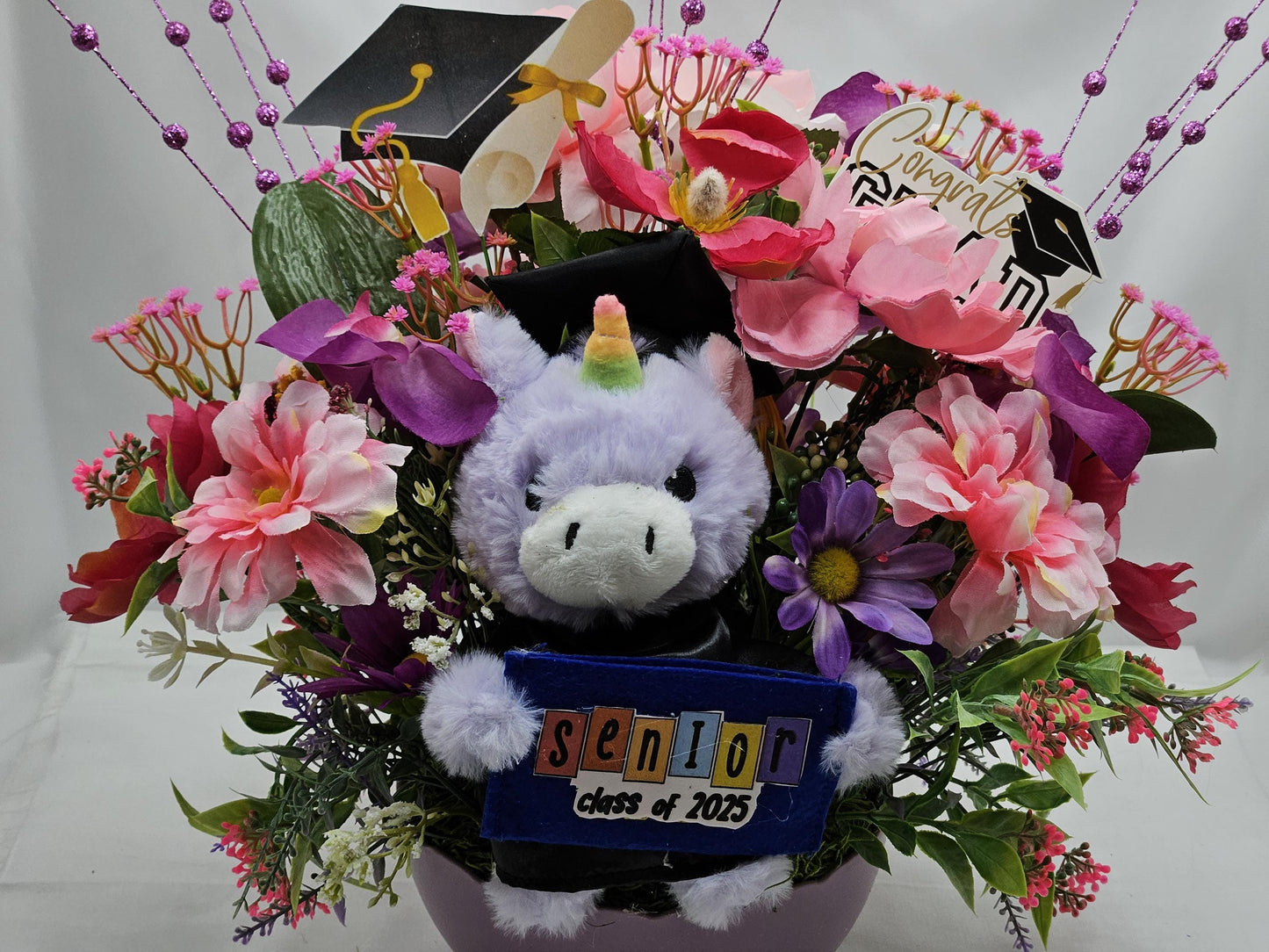 Graduation Flower Arrangement and Gift Card Holder, Unicorn Bear Graduation, Pink/Purple Flowers, Gift for Graduate, Graduation Celebration