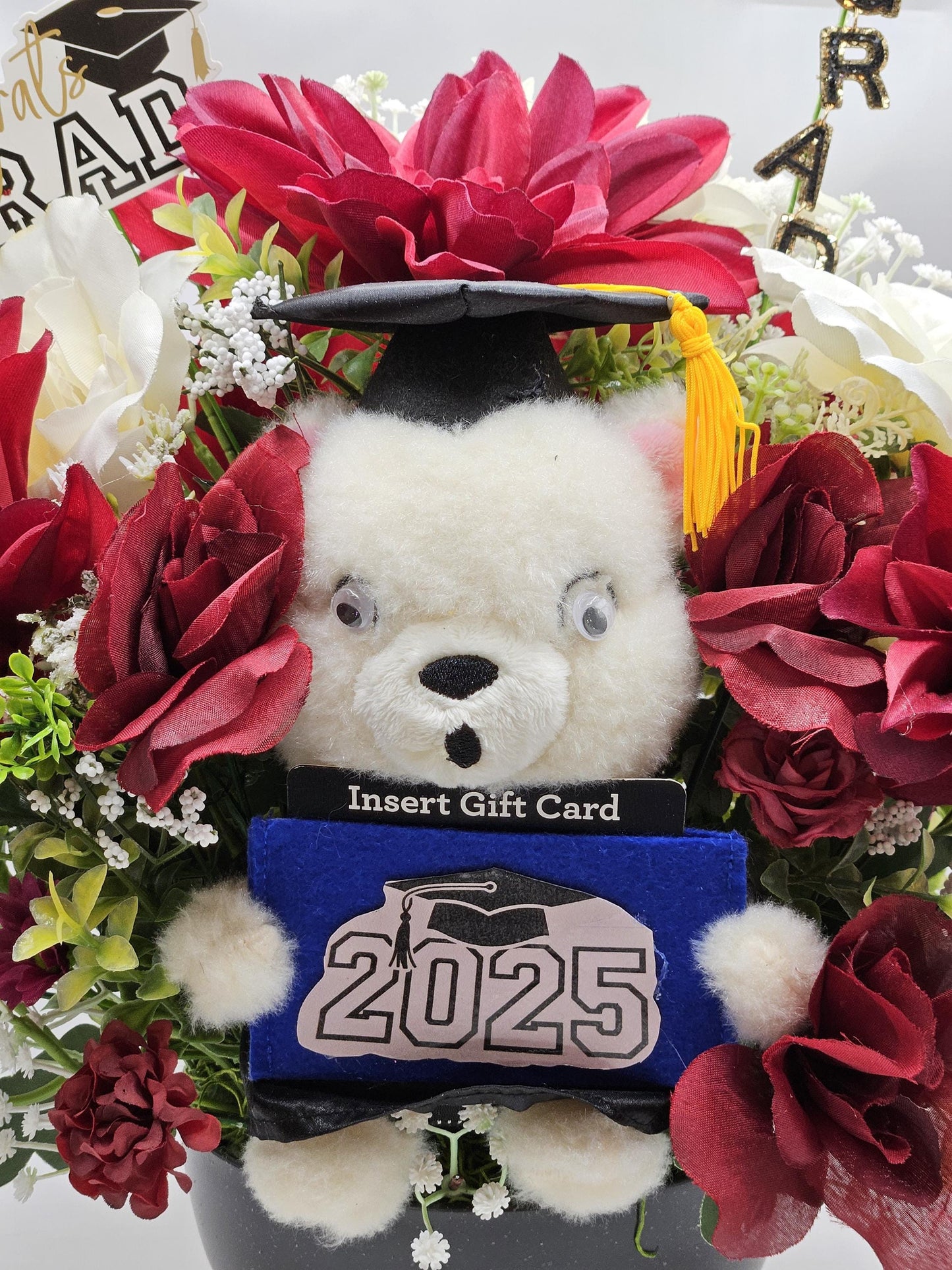 Maroon & Cream Graduate Bear Centerpiece, Card Holder Flower Decor, Unique Graduation Gift Idea, Grad Gift and  Keepsake