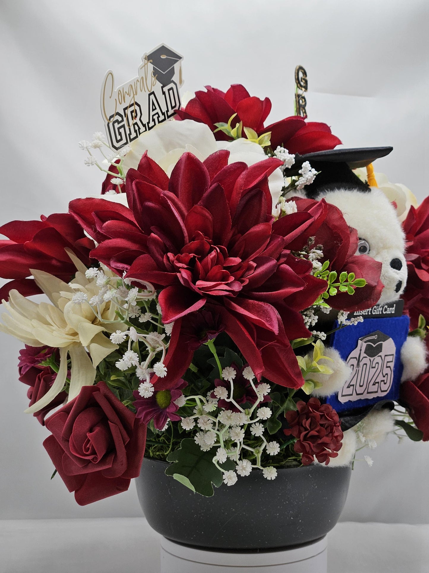 Maroon & Cream Graduate Bear Centerpiece, Card Holder Flower Decor, Unique Graduation Gift Idea, Grad Gift and  Keepsake