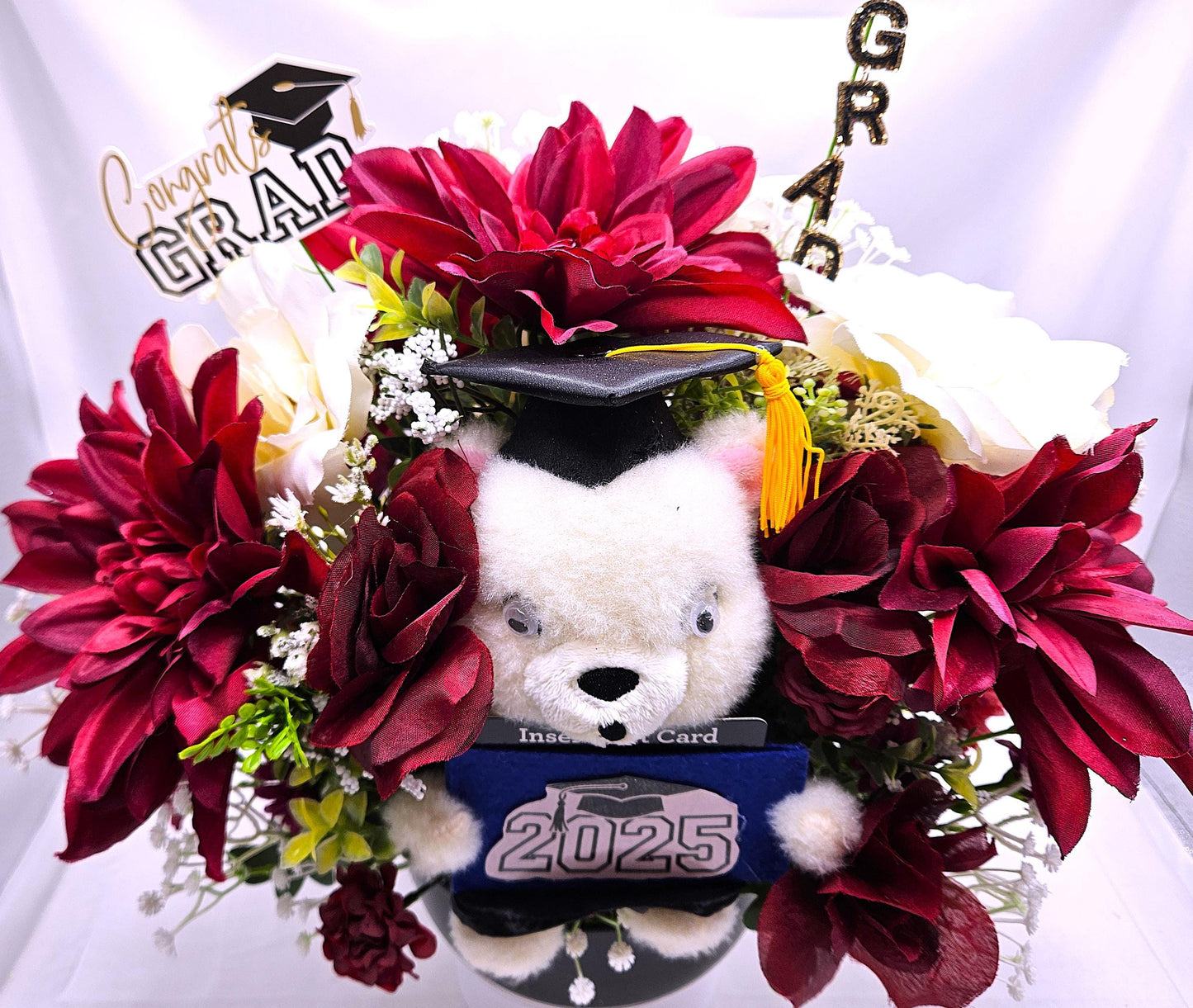 Maroon & Cream Graduate Bear Centerpiece, Card Holder Flower Decor, Unique Graduation Gift Idea, Grad Gift and  Keepsake