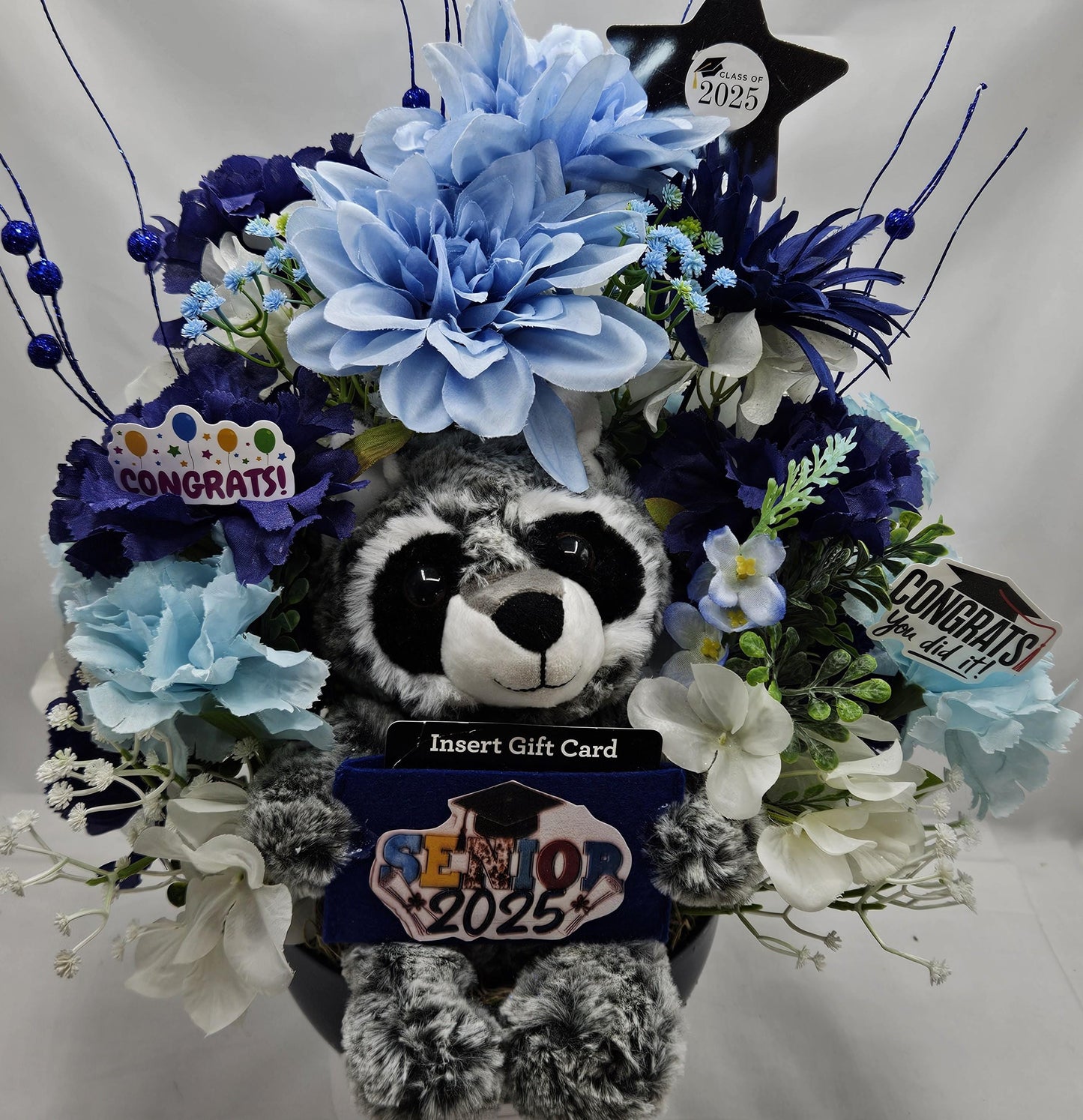 Blue Blossom Graduation Decor - Dark Blue Centerpiece with Raccoon Card Holder, Ideal for Graduate Gifting