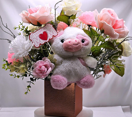 Gift Box of Flowers, Cute Pink/White Cow w/sign I Love My Mom Sign Amidst Elegant Carnations/Roses in Box, Great Gift Idea for any Occasion