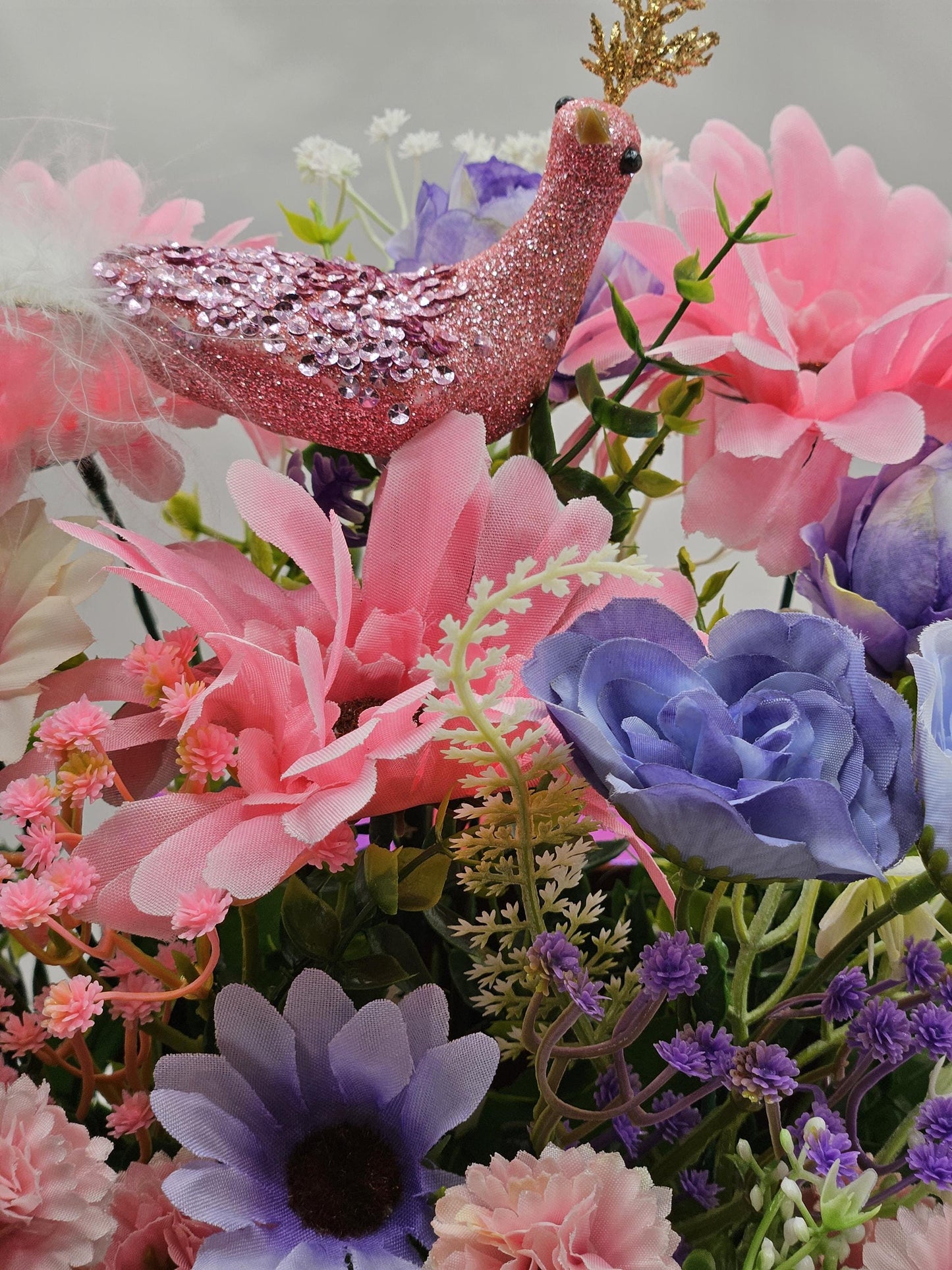 Pastel Pearlized Gift Box Filled with Vibrant/Lush Purple/Pink/White Flowers/Greenery/Baby's Breath/Sparkly Elegant Bird Atop the Florals