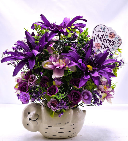 Ceramic Sloth flower Pot Overflowing with Elegant Purple/Lilac Roses, Daisies/other Delicate Flowers/Some Baby's Breath/Small Hanging Sloth