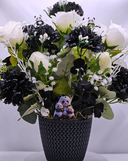 I Love Pandas Flower Arrangement/Black Flower Pot/White Roses/Black Carnations/Panda Bear Accents/Great Gift or Home Decor/Panda Bear Lover