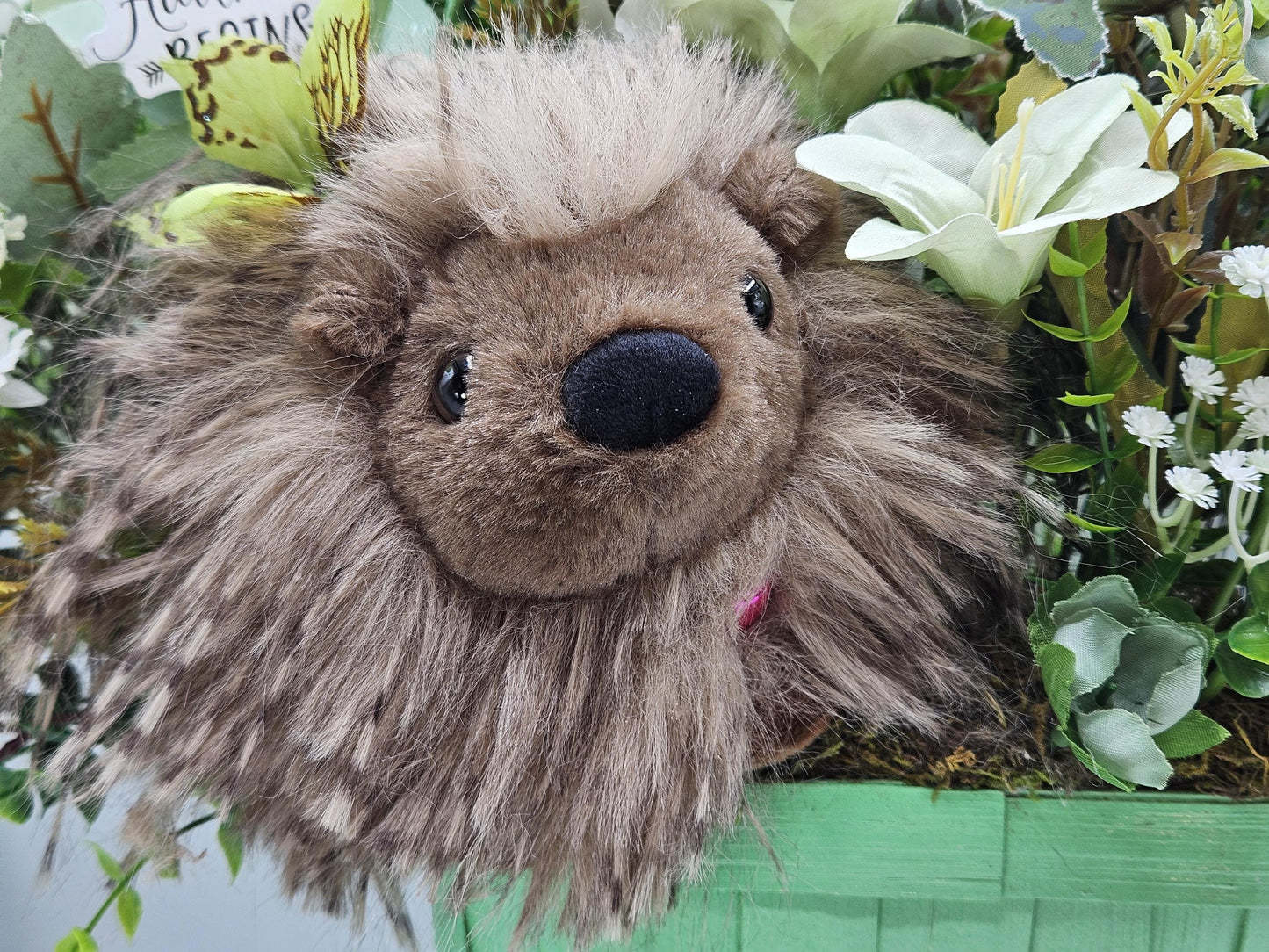 Elegant Silk-type Graduation Florals/Greenery with Unique Fuzzy Owl/Hedgehog/Platypus Accents/Wood Baskets/Blues/Yellow/Green Flowers