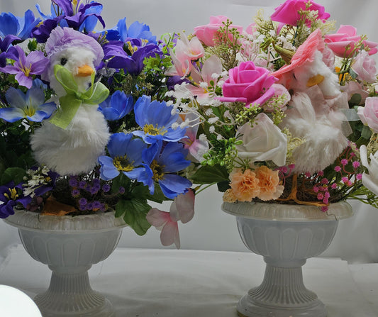 Cheerful or Shy Goose Figure Pedestal Bowl/Twoo Options/Blue/Purple or Pink/White/Lilies, Roses, Other Florals, Greenery, Baby's Breath