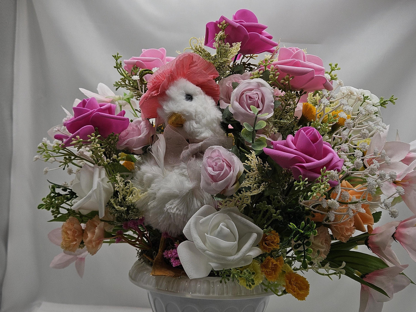 Cheerful or Shy Goose Figure Pedestal Bowl/Twoo Options/Blue/Purple or Pink/White/Lilies, Roses, Other Florals, Greenery, Baby's Breath