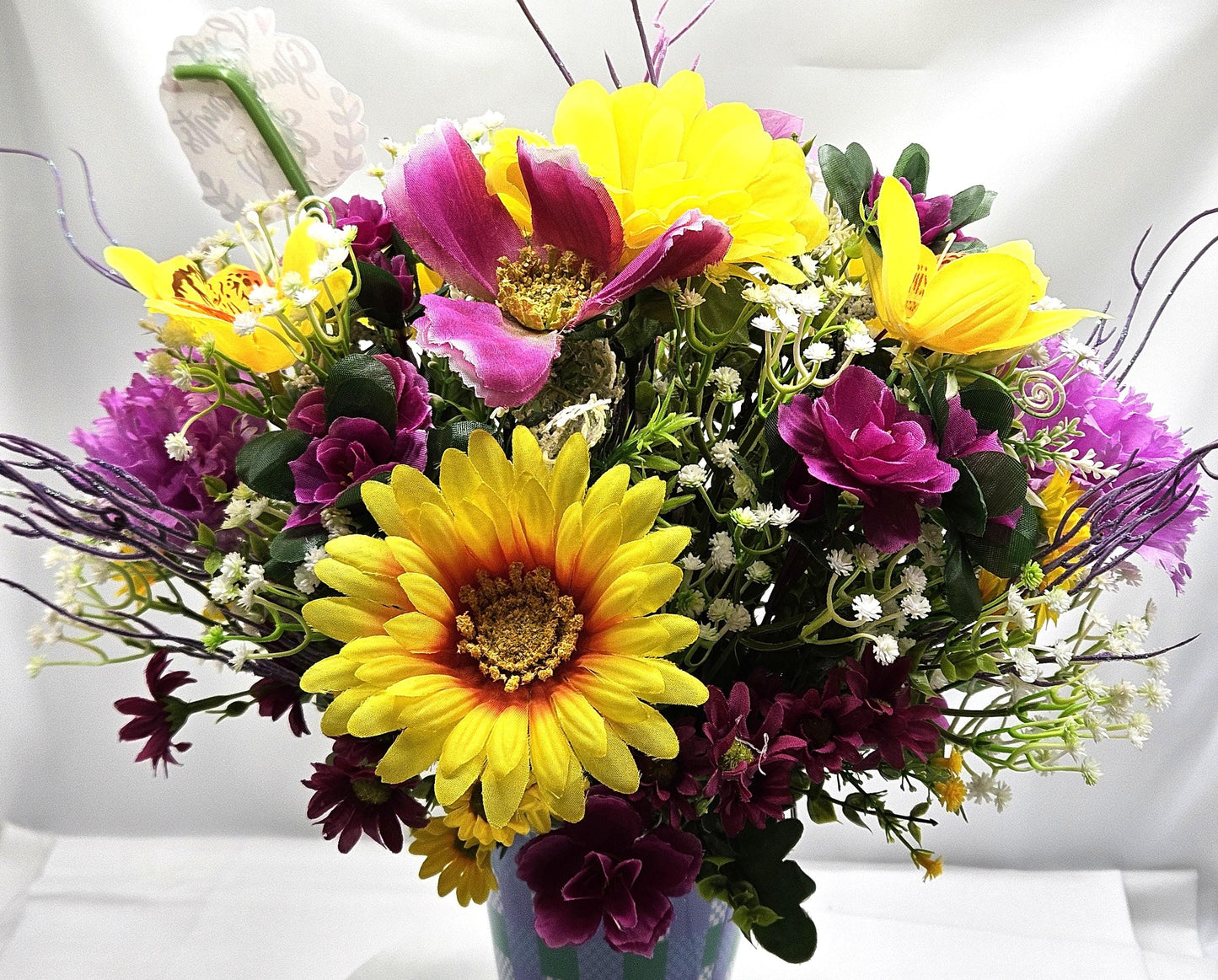 For The Special Grandma and Grandpa/Floral Design in Simple Blue Pail/Grandparents Figures at the Front of Colorful Yellow/Pink Flowers Plus