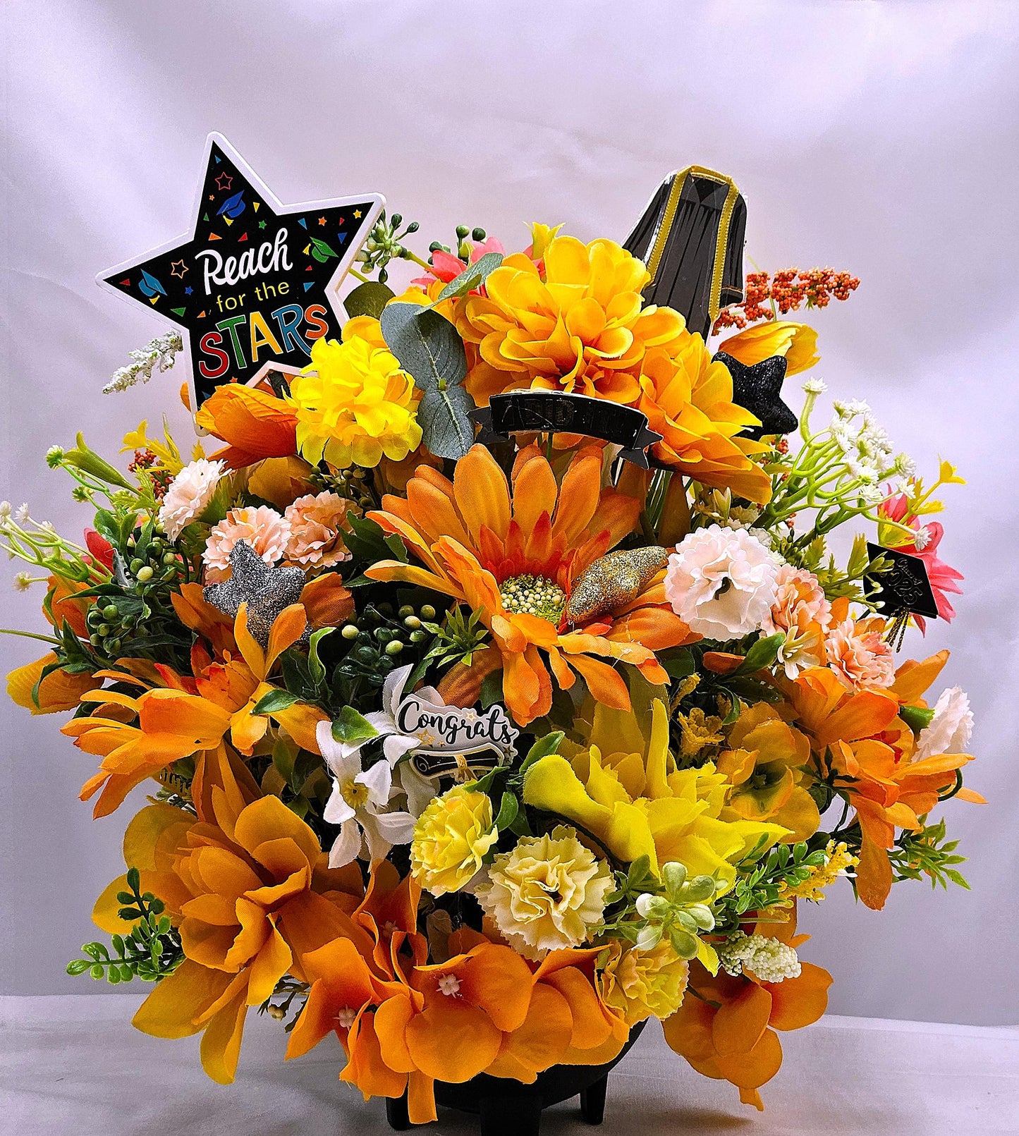 Graduation Flower Arramgements, 2 Choices, Blue and Yellow Congrats Grad or Orange and Yellow Reach for the Stars, Graduate Gift/Decor