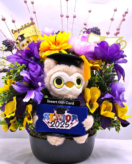 Unique Graduation Owl Centerpiece with Purple/Yellow Flowers in Black Bowl - Includes Gift Card Holder, Ideal Grad Gift & Celebration Decor