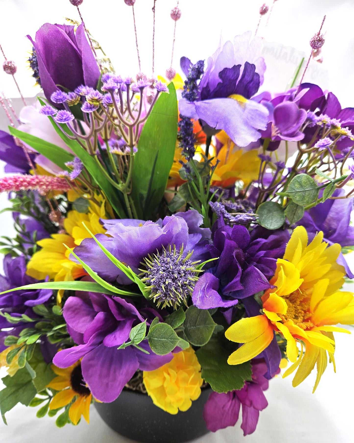 Unique Graduation Owl Centerpiece with Purple/Yellow Flowers in Black Bowl - Includes Gift Card Holder, Ideal Grad Gift & Celebration Decor