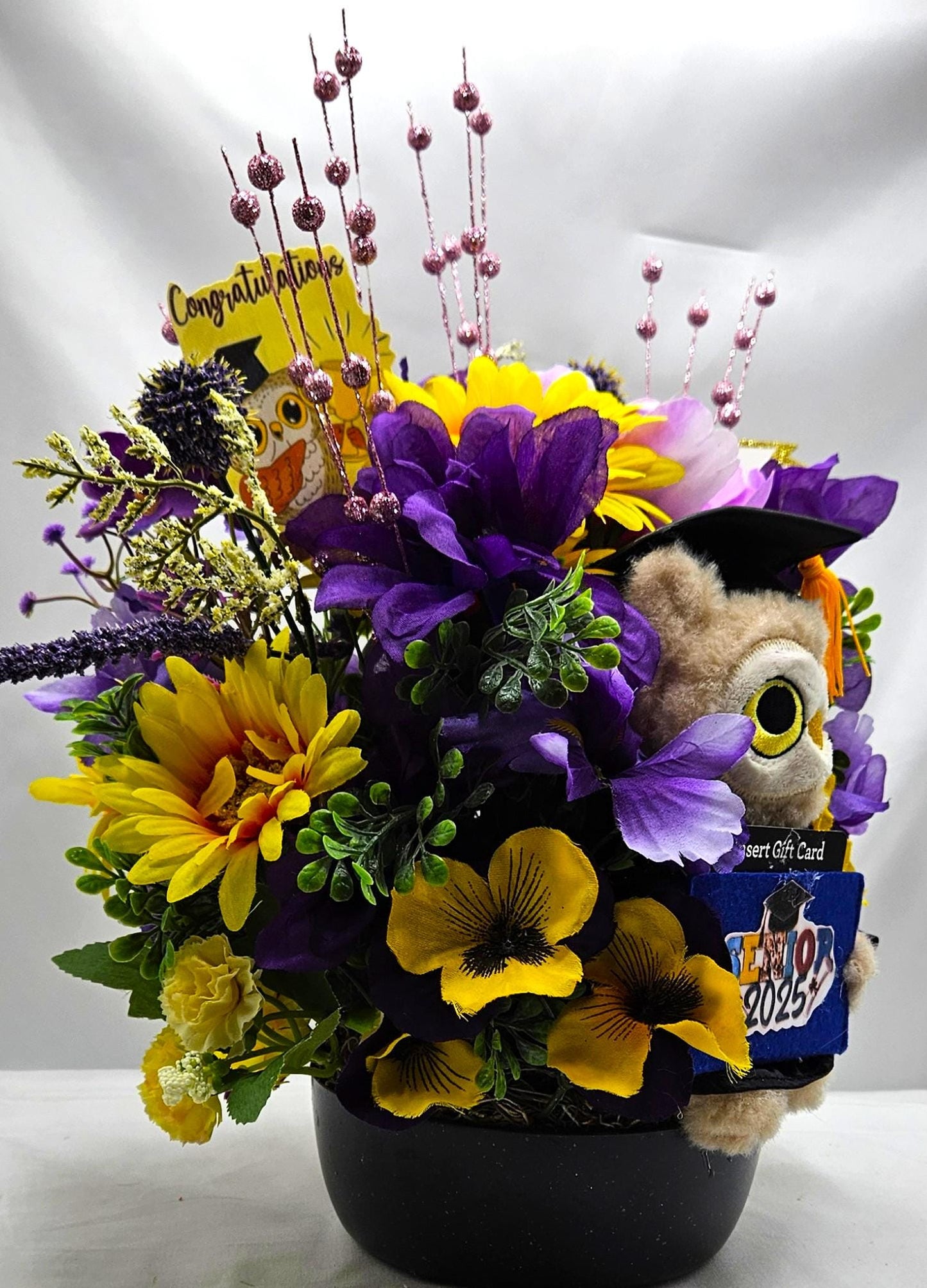 Unique Graduation Owl Centerpiece with Purple/Yellow Flowers in Black Bowl - Includes Gift Card Holder, Ideal Grad Gift & Celebration Decor