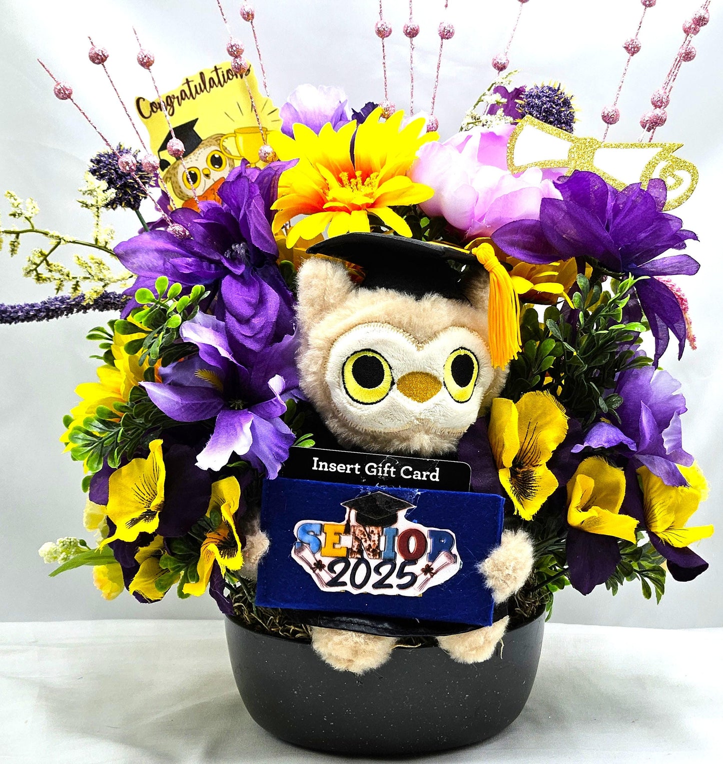 Unique Graduation Owl Centerpiece with Purple/Yellow Flowers in Black Bowl - Includes Gift Card Holder, Ideal Grad Gift & Celebration Decor