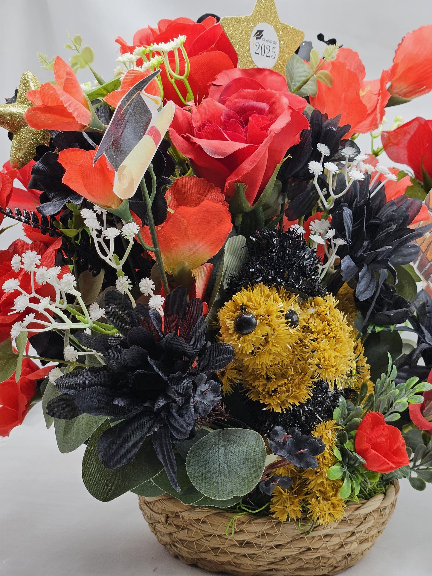 Class of 2025 Graduation Centerpiece - Red & Black Rose/Dahlia Bouquet with Graduate Dog Figurine for Celebration Decor