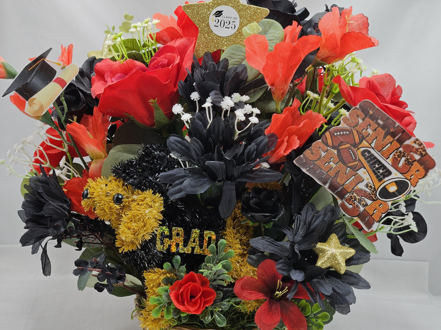 Class of 2025 Graduation Centerpiece - Red & Black Rose/Dahlia Bouquet with Graduate Dog Figurine for Celebration Decor