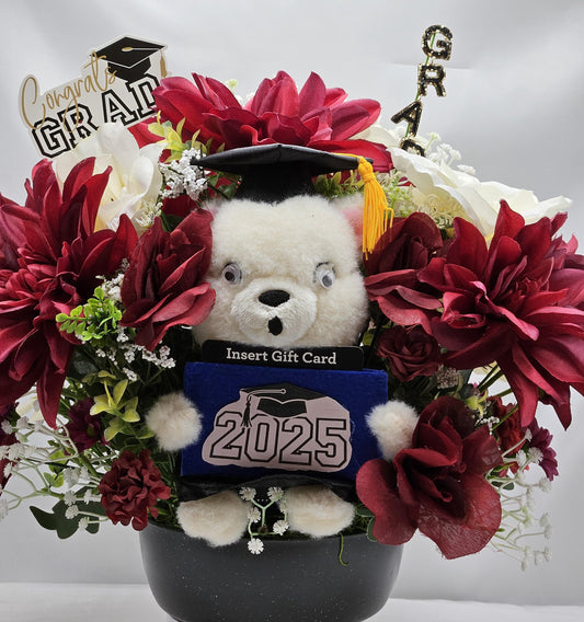 Maroon & Cream Graduate Bear Centerpiece, Card Holder Flower Decor, Unique Graduation Gift Idea, Grad Gift and  Keepsake