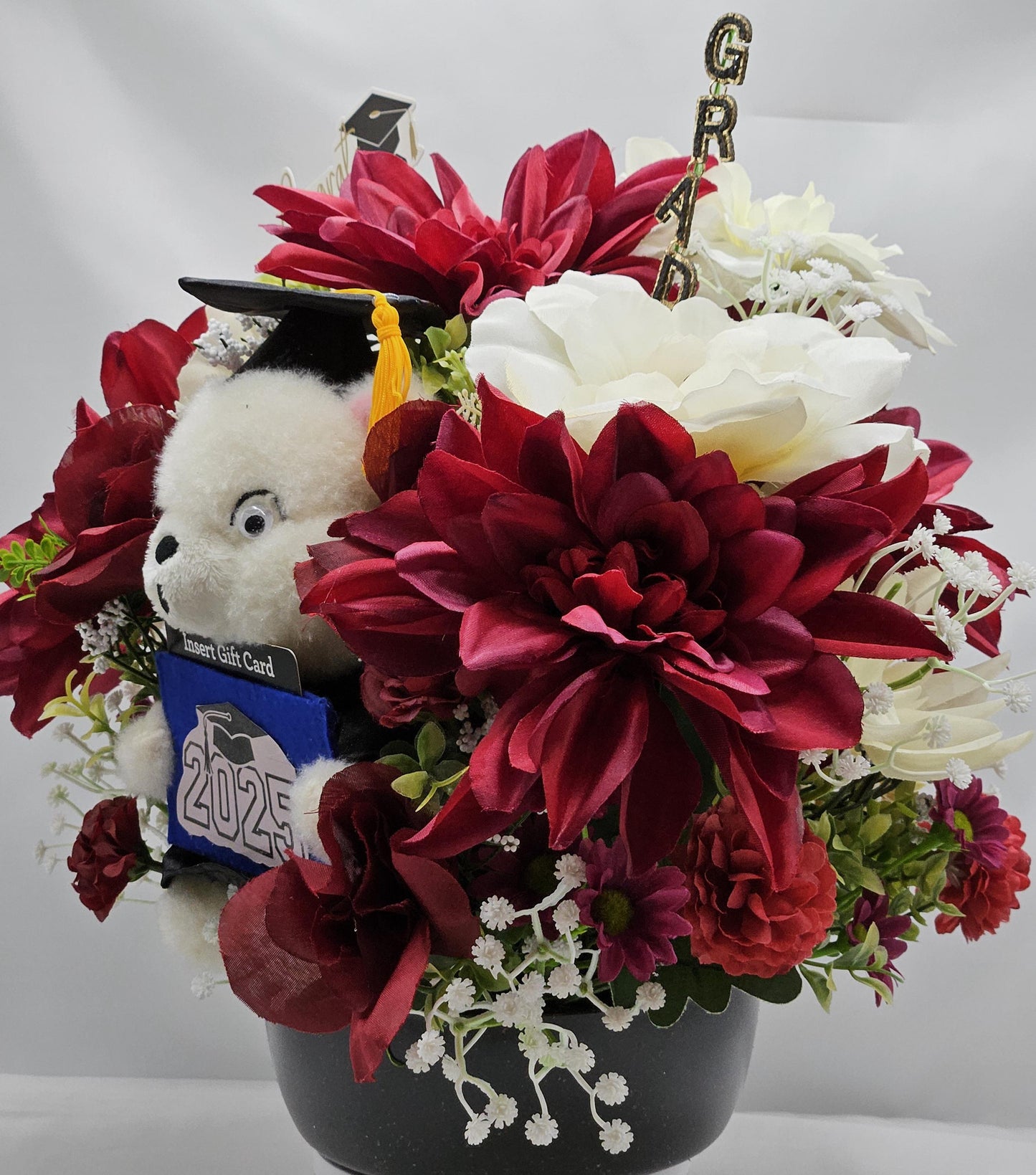 Maroon & Cream Graduate Bear Centerpiece, Card Holder Flower Decor, Unique Graduation Gift Idea, Grad Gift and  Keepsake