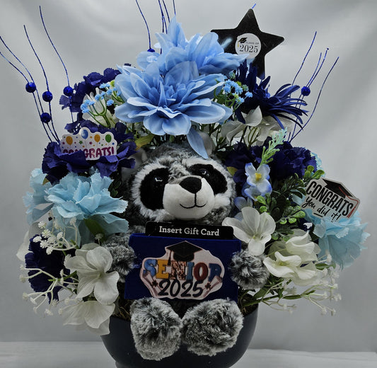 Blue Blossom Graduation Decor - Dark Blue Centerpiece with Raccoon Card Holder, Ideal for Graduate Gifting