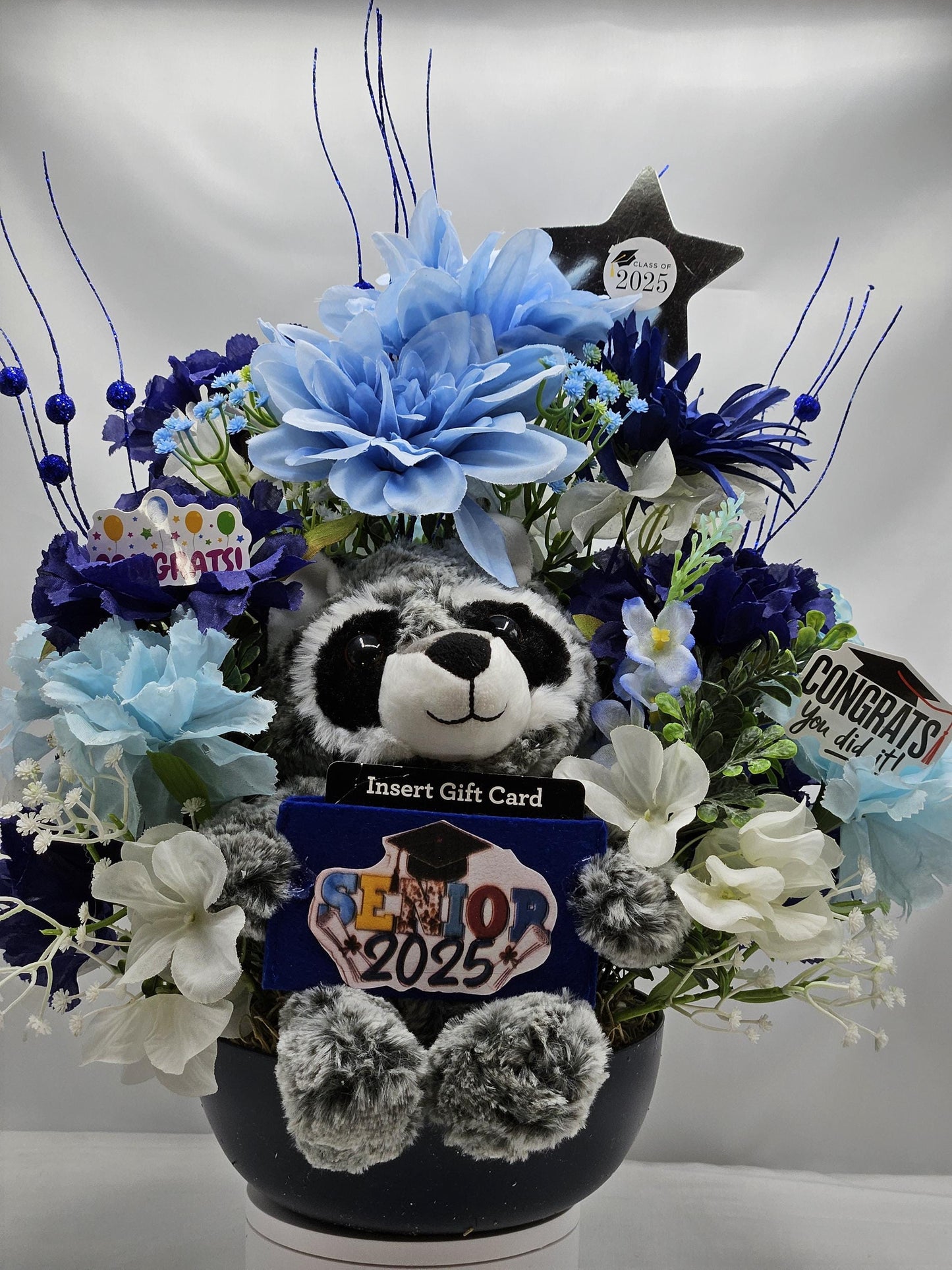 Blue Blossom Graduation Decor - Dark Blue Centerpiece with Raccoon Card Holder, Ideal for Graduate Gifting