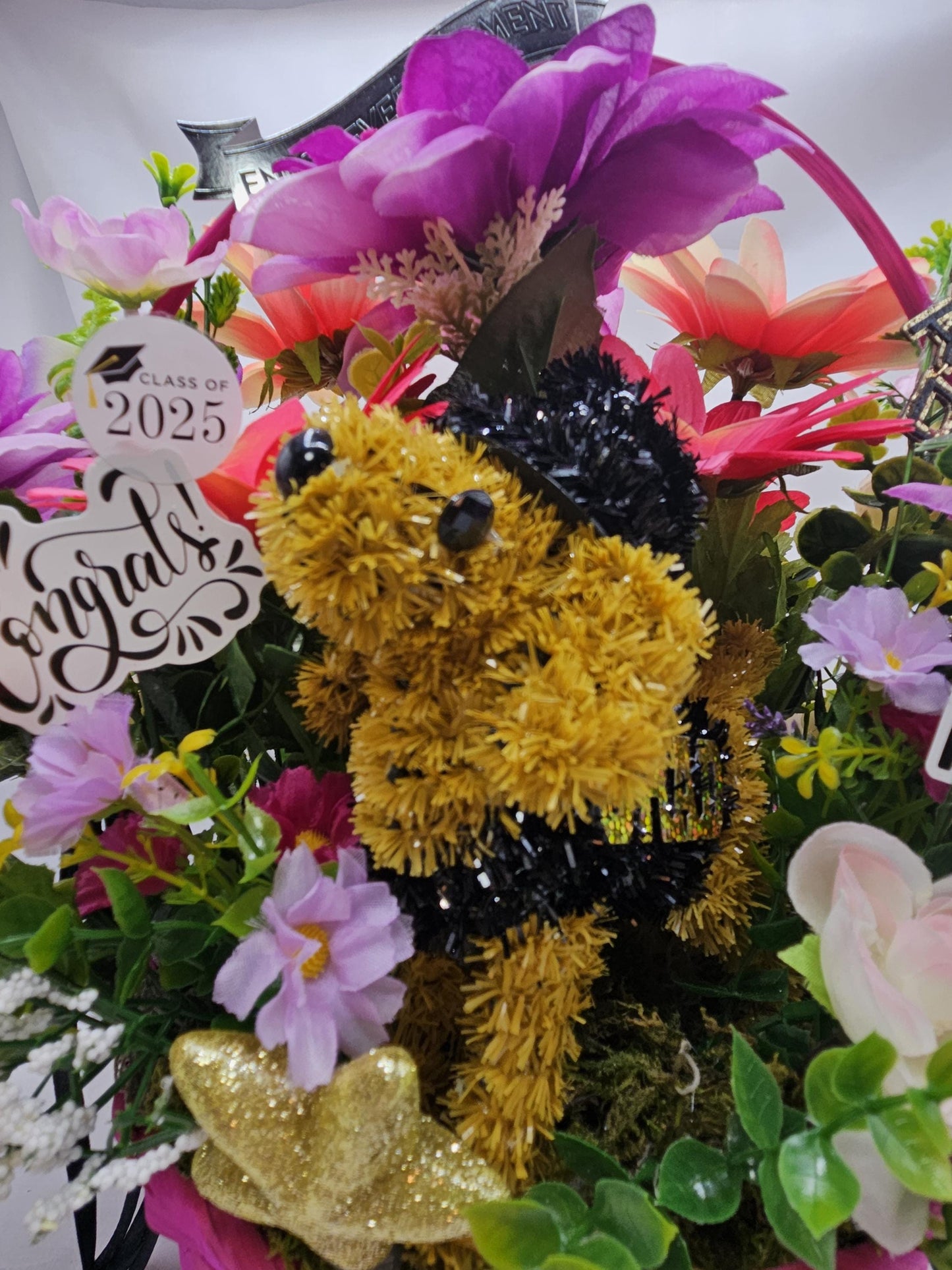 Whimsical Graduation Flower Arrangement in Pink Wicker Basket, Congrats and Enjoy Every Moment Signs with Pink/Purple Florals/Greenery