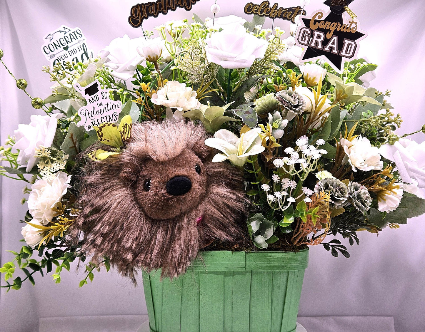 Elegant Silk-type Graduation Florals/Greenery with Unique Fuzzy Owl/Hedgehog/Platypus Accents/Wood Baskets/Blues/Yellow/Green Flowers