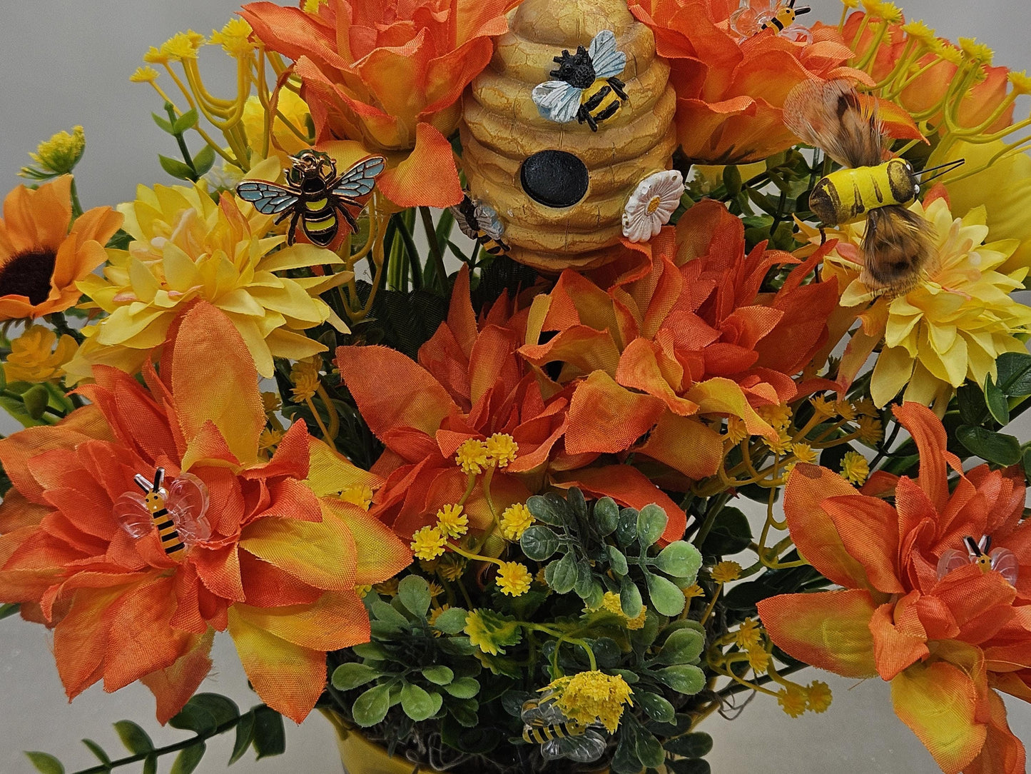 Bee Lover Floral Gifts, 2 Options, Various Cute Bees throughout Centerpieces Set in a Bee Deco Pot, Great Decor or Gift/Black/Yellow Florals