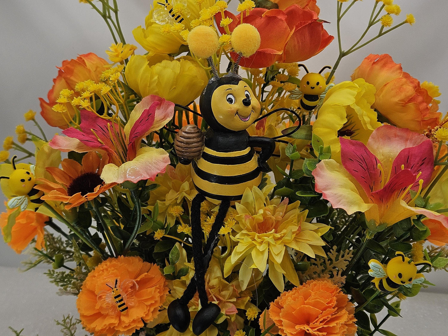 Bee Lover Floral Gifts, 2 Options, Various Cute Bees throughout Centerpieces Set in a Bee Deco Pot, Great Decor or Gift/Black/Yellow Florals