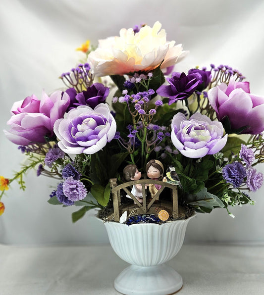 Cute Couple on a Bridge Amidst Garden of Lavender/Purple/White Flowers/Greenery/Babys Breath/Bird and Turtle on the Bridge