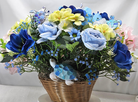 Beauty of the Turtles amidst a Gorgeous Garden of Vivid Blue and Golden Yellow Hydrangeas,  Roses. Babys Breath and Turtles, Ocen Life/Decor