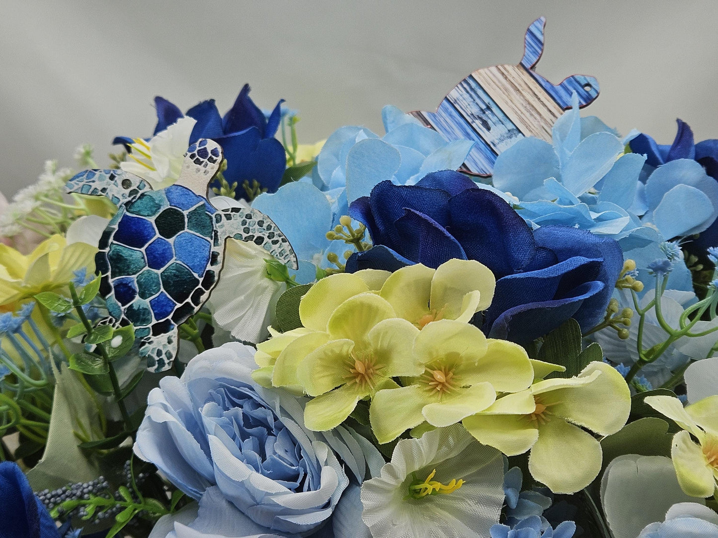 Beauty of the Turtles amidst a Gorgeous Garden of Vivid Blue and Golden Yellow Hydrangeas,  Roses. Babys Breath and Turtles, Ocen Life/Decor