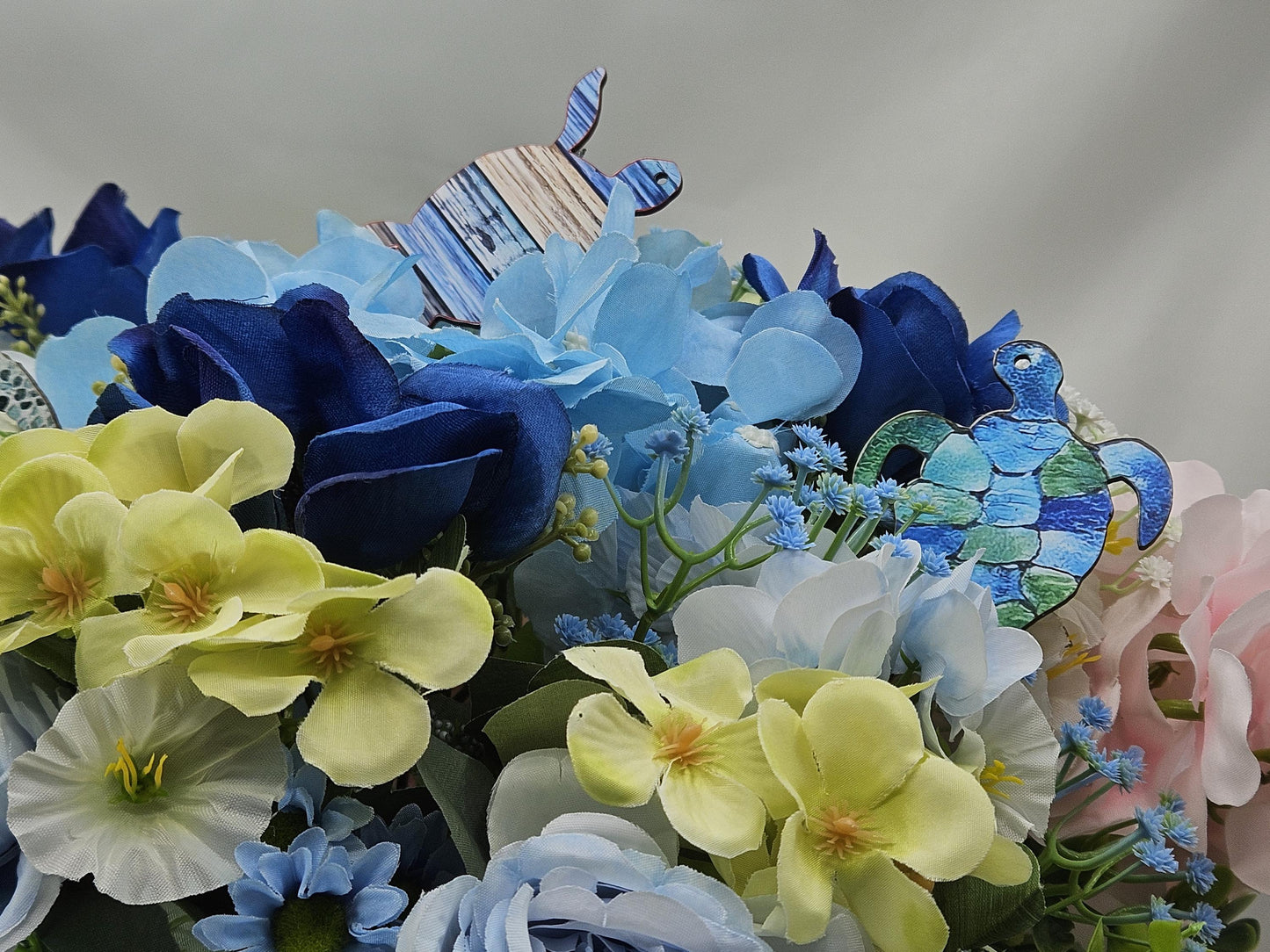 Beauty of the Turtles amidst a Gorgeous Garden of Vivid Blue and Golden Yellow Hydrangeas,  Roses. Babys Breath and Turtles, Ocen Life/Decor
