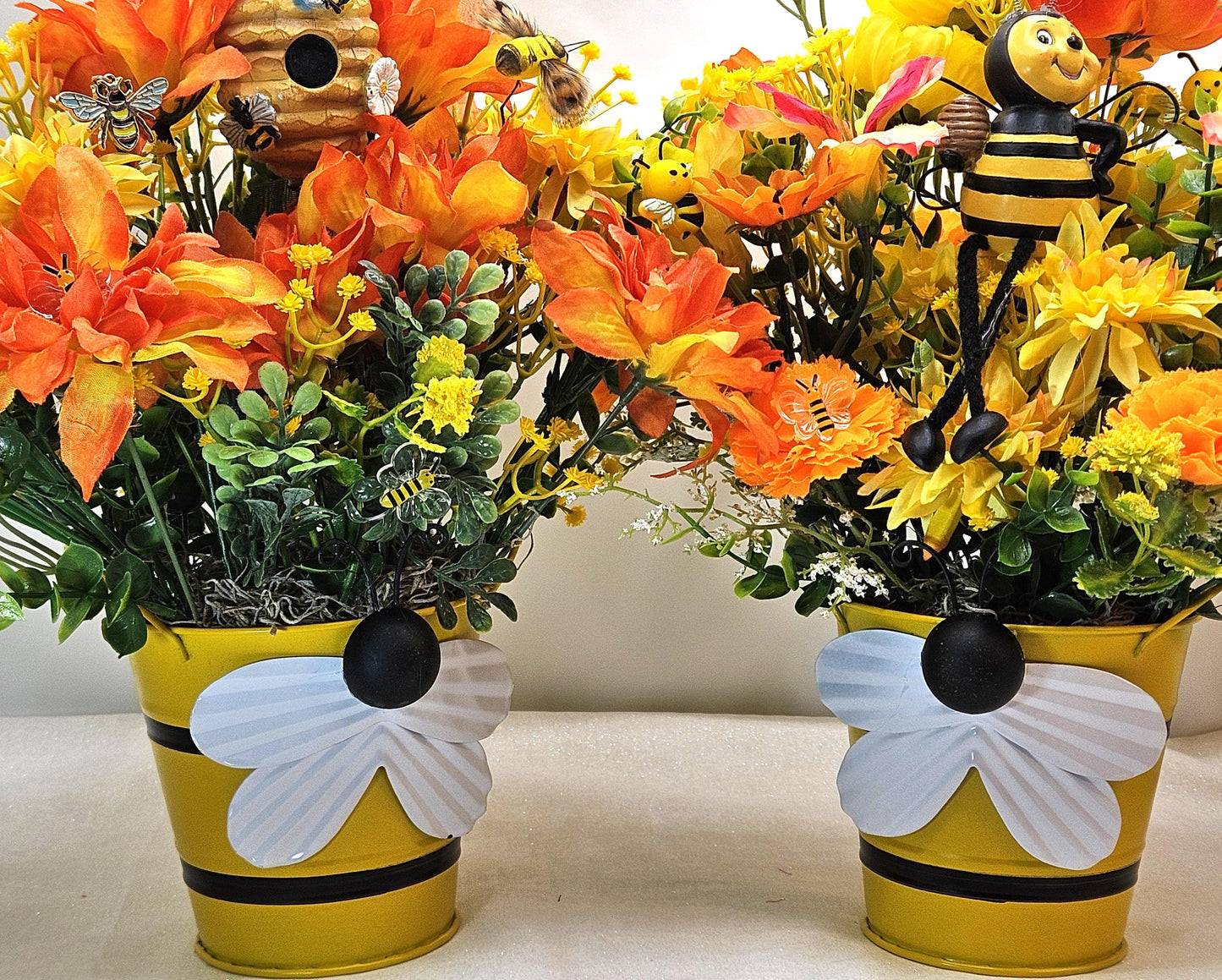 Bee Lover Floral Gifts, 2 Options, Various Cute Bees throughout Centerpieces Set in a Bee Deco Pot, Great Decor or Gift/Black/Yellow Florals
