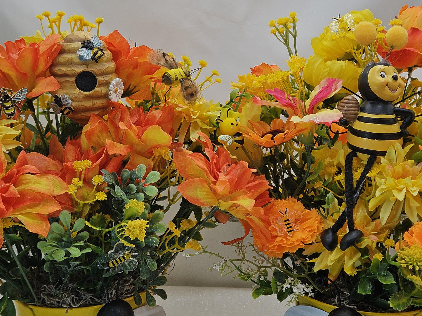 Bee Lover Floral Gifts, 2 Options, Various Cute Bees throughout Centerpieces Set in a Bee Deco Pot, Great Decor or Gift/Black/Yellow Florals