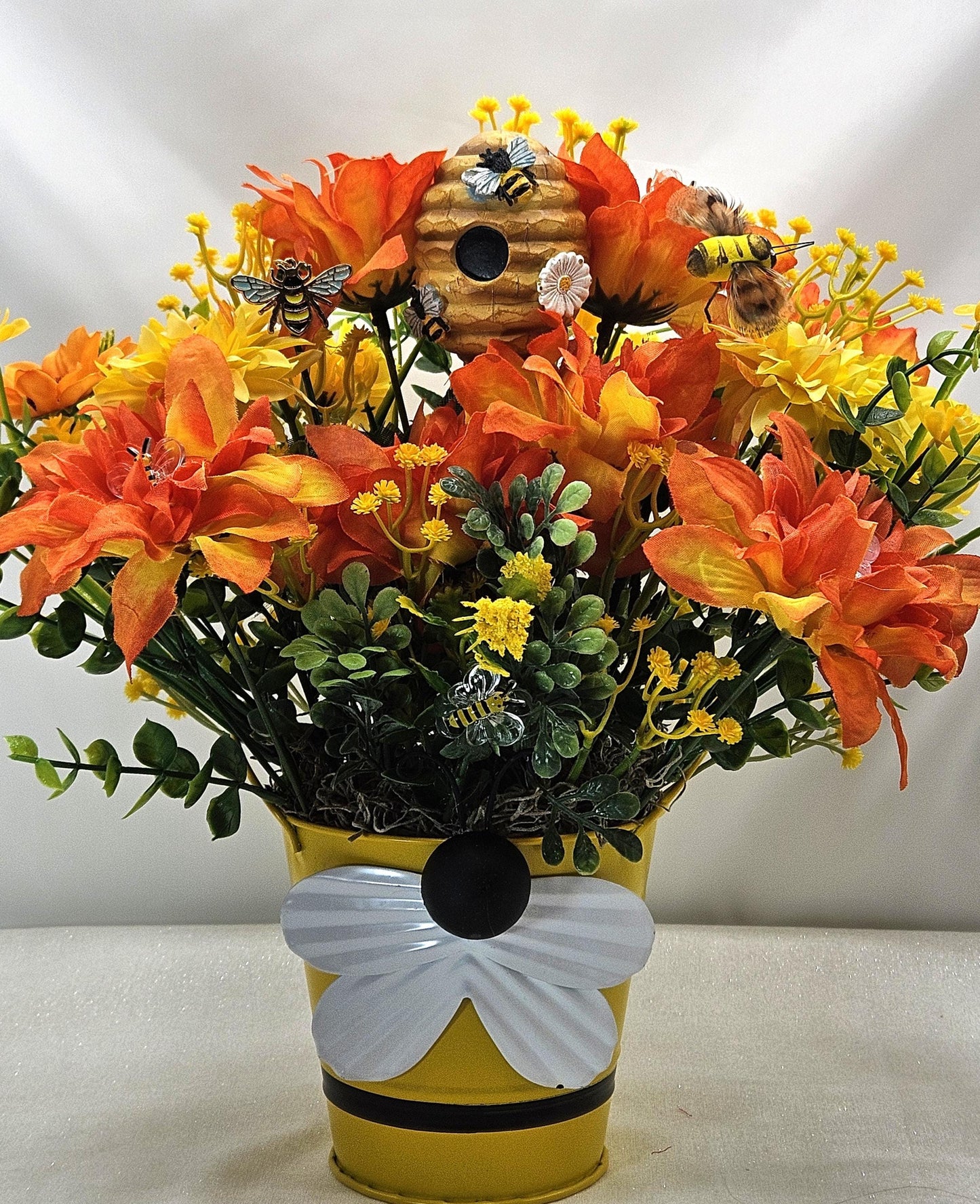 Bee Lover Floral Gifts, 2 Options, Various Cute Bees throughout Centerpieces Set in a Bee Deco Pot, Great Decor or Gift/Black/Yellow Florals