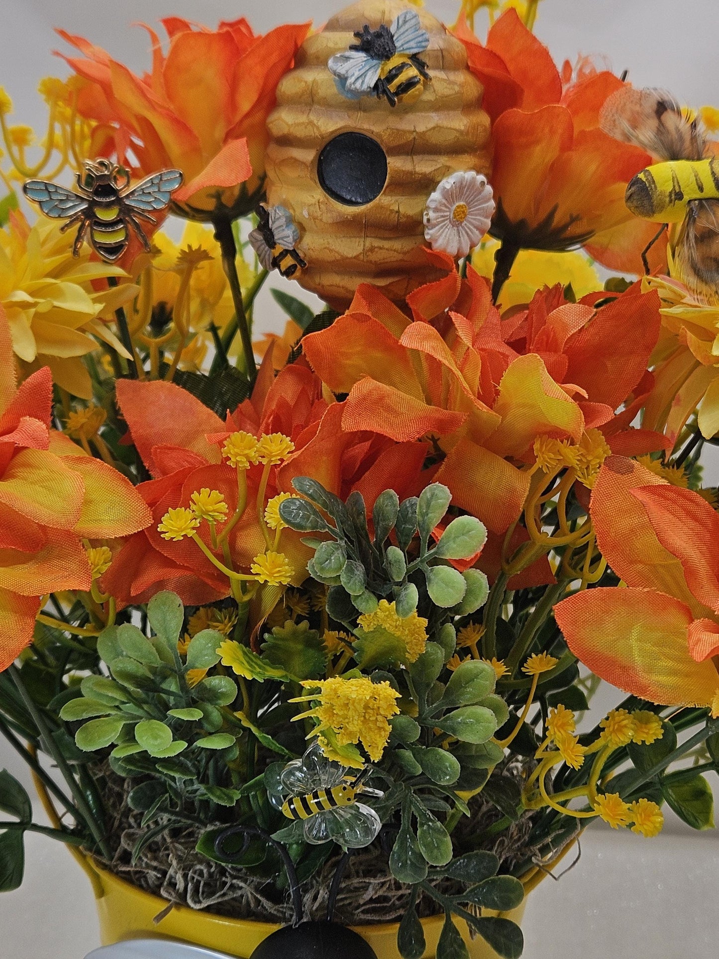 Bee Lover Floral Gifts, 2 Options, Various Cute Bees throughout Centerpieces Set in a Bee Deco Pot, Great Decor or Gift/Black/Yellow Florals