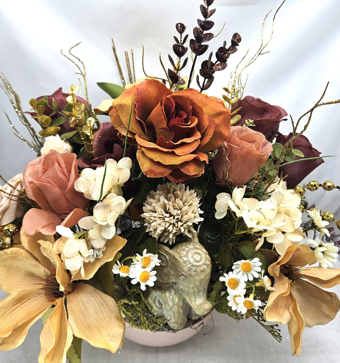 Celebrate the Majestic Elephant Flower Centerpiece/2 options/Modern or Nostalgic Elephant Design/Orange/Yellow or Coffee/Tan Flowers/Greens
