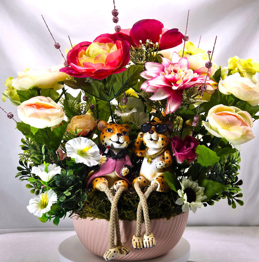 Chetah Couple in Pink/White/Yellow Flower Bouquet/Cosmos/Dahlias/Ranunculus/Daisies/Petunias/Greens/Other Flowers/Nature/Cheetah Lover Gift
